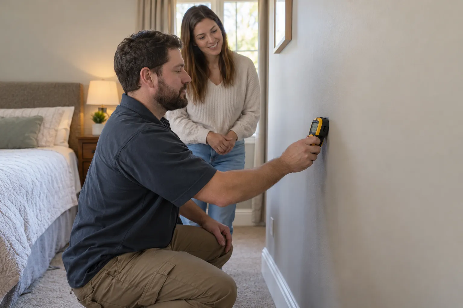 A local provider taking moisture readings in a home near Eagle