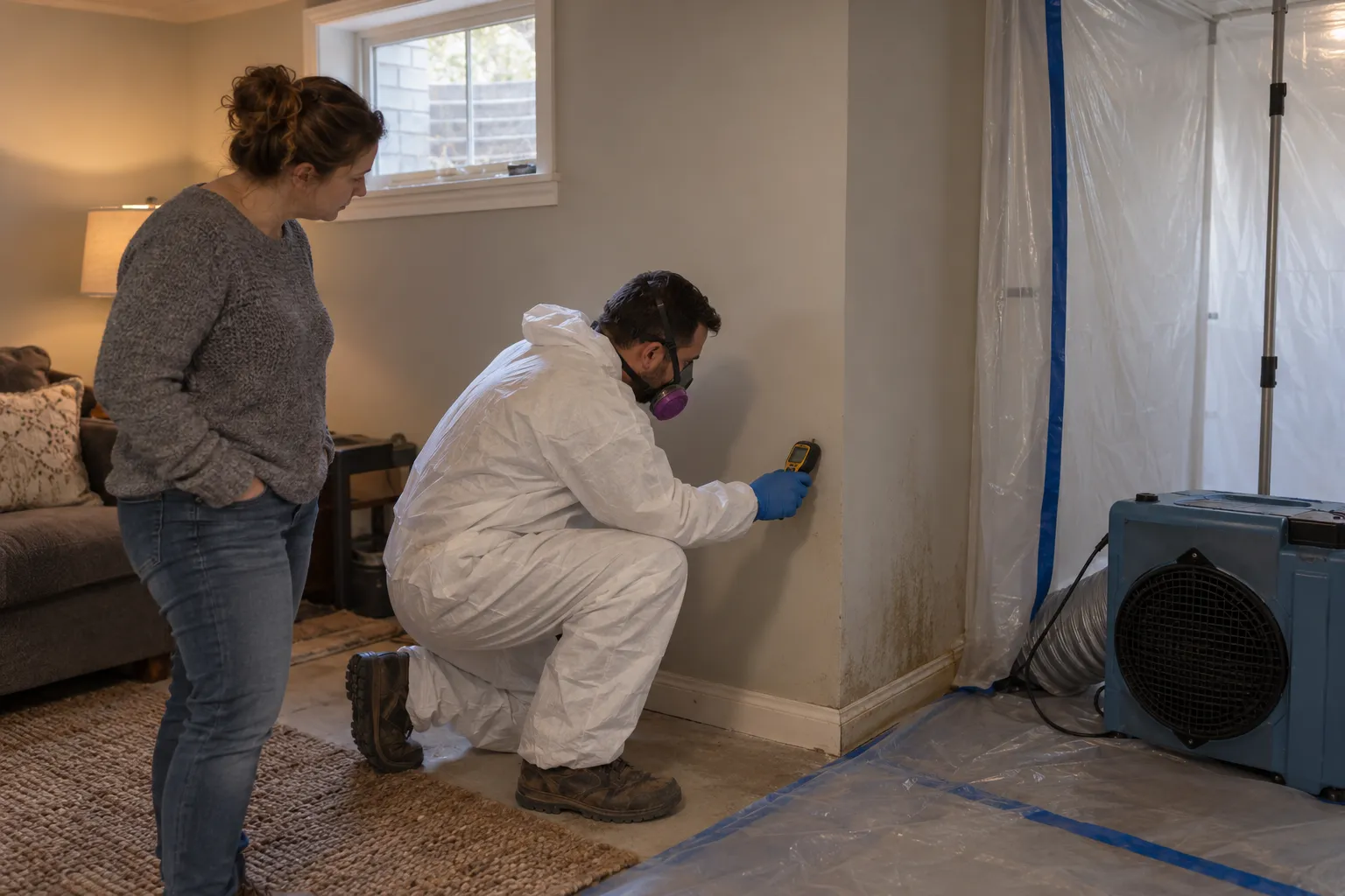 A local provider inspecting a basement wall for mold in a Eagle home